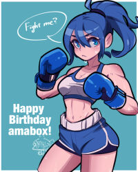 Rule 34 | 1girl, amazu (kurozu), bare shoulders, blue background, blue eyes, blue hair, blue shorts, boxing gloves, breasts, cleavage, closed mouth, collarbone, commentary, english commentary, english text, happy birthday, looking at viewer, medium breasts, original, ponytail, short shorts, shorts, solo, sweat, two-tone background, white background