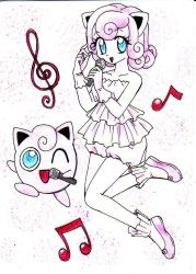 Rule 34 | 1girl, baggy shorts, bare legs, bare shoulders, blue eyes, chikorita85, collarbone, colored skin, creatures (company), curly hair, dancing, dress, eyelashes, g clef, game freak, gen 1 pokemon, gloves, hand up, hands up, holding, holding microphone, jigglypuff, legs together, looking at viewer, microphone, moemon, music, musical note, nintendo, one eye closed, personification, pink background, pink footwear, pink gloves, pink hair, pink shorts, pink theme, pokemon, pokemon (creature), pokemon ears, pokemon rgby, shoes, short hair, shorts, sleeveless, sleeveless dress, traditional media, white background, white skin