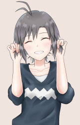 Rule 34 | 1girl, antenna hair, black hair, black shirt, blush, brown background, bunching hair, closed eyes, collarbone, commentary, grin, highres, idolmaster, idolmaster (classic), idolmaster 2, kikuchi makoto, mogskg, shirt, short hair, simple background, smile, solo, twintails day, upper body