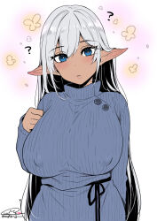 Rule 34 | 1girl, :|, ?, blue eyes, blue sweater, breasts, closed mouth, commentary, covered erect nipples, dark-skinned female, dark skin, dated, dress, elf, expressionless, grey hair, hair between eyes, happa (cloverppd), huge breasts, long hair, long sleeves, looking at viewer, original, pointy ears, ribbed sweater, signature, simple background, solo, sweater, sweater dress, turtleneck, turtleneck sweater, very long hair