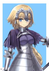 Rule 34 | 1girl, armor, armored dress, artist name, blue background, blue eyes, border, braid, breasts, capelet, chain, closed mouth, fate/apocrypha, fate (series), gauntlets, headpiece, highres, jeanne d&#039;arc (fate), jeanne d&#039;arc (ruler) (fate), long hair, looking at viewer, medium breasts, nayuhi (yukimuu14), signature, simple background, single braid, smile, solo, upper body, very long hair, white border