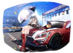 1girl arched_back ass azur_lane bare_shoulders bird black_gloves black_jacket blue_sky blush boots breasts brown_hair car chick clothes_writing clothing_cutout cloud cloudy_sky confetti day elbow_gloves eyewear_on_head fingerless_gloves from_behind from_side full_body gloves grey_hair hair_between_eyes hair_ornament hair_ribbon high_heel_boots high_heels highleg highleg_leotard highres holding holding_umbrella jacket l&#039;audacieux_(azur_lane) l&#039;audacieux_(protector_beneath_the_parasol)_(azur_lane) leaning leaning_forward leaning_on_object leotard long_hair long_sleeves looking_at_viewer looking_back manjuu_(azur_lane) mercedes-benz motor_vehicle namyo non-web_source off_shoulder official_alternate_costume official_art on_vehicle open_clothes outdoors race_queen race_vehicle racecar red_eyes red_footwear red_thighhighs ribbon shadow sidelocks skindentation sky sleeveless sports_car standing sunglasses thick_thighs thigh_boots thighhighs thighs thong_leotard tinted_eyewear tire transparent_background two_side_up umbrella v vehicle_focus vehicle_request very_long_hair vichya_dominion_(emblem) visor_cap white_leotard white_umbrella