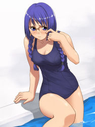 Rule 34 | 00s, 1girl, blue hair, braid, breasts, cleavage, glasses, gunparade march, hair over shoulder, looking at viewer, medium breasts, one-piece swimsuit, pool, poolside, school swimsuit, shy, solo, standing, swimsuit, tanabe maki, twin braids, wading, water, white background, yizumi