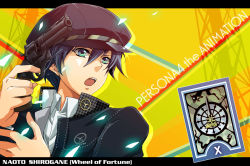 Rule 34 | 1girl, androgynous, atlus, blue eyes, blue hair, cabbie hat, card, chamame, female focus, gun, hat, houndstooth, matching hair/eyes, open mouth, persona, persona 4, reverse trap, school uniform, shirogane naoto, short hair, solo, tarot, weapon, wheel of fortune (tarot)