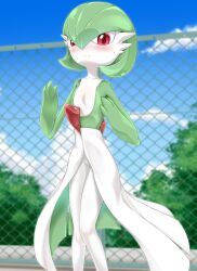 Rule 34 | 1girl, absurdres, blue sky, blurry, blurry background, blush, bob cut, chain-link fence, closed mouth, cloud, collarbone, colored skin, creatures (company), day, female focus, fence, flat chest, game freak, gardevoir, gen 3 pokemon, green hair, green skin, hair between eyes, hands up, highres, knees together feet apart, legs, looking at viewer, mukin, multicolored skin, nintendo, nose blush, outdoors, pokemon, pokemon (creature), red eyes, short hair, sky, solo, standing, sweat, thighs, two-tone skin, white skin