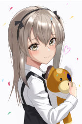 Rule 34 | 1girl, bandages, bandaid, black bow, black bowtie, black skirt, boko (girls und panzer), bow, bowtie, brown eyes, casual, closed mouth, collared shirt, commentary, girls und panzer, heart, high-waist skirt, highres, holding, holding stuffed toy, light brown hair, long hair, long sleeves, looking at viewer, mamaa (maeni6379), one side up, shimada arisu, shirt, simple background, skirt, smile, solo, stuffed animal, stuffed toy, suspender skirt, suspenders, teddy bear, white background