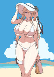 Rule 34 | 1girl, beach, bikini, blonde hair, breasts, choker, cleavage, collarbone, day, flip-flops, graf zeppelin (kancolle), hat, highres, holding, holding clothes, holding footwear, huge breasts, image sample, kantai collection, looking at viewer, outdoors, purple eyes, sandals, side-tie bikini bottom, sidelocks, skindentation, smile, solo, sun hat, swimsuit, tan, twintails, twitter sample, umauma (trggercross), upper body, white bikini, wide hips
