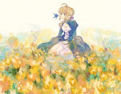 Rule 34 | 1girl, ahoge, artoria pendragon (all), artoria pendragon (fate), blonde hair, blue dress, blue eyes, braid, bug, butterfly, cleavage cutout, clothing cutout, dress, fate/stay night, fate (series), field, flower, flower field, french braid, from side, highres, insect, juliet sleeves, long sleeves, machi (uqyjee), painterly, puffy sleeves, purple ribbon, ribbon, saber (fate), solo