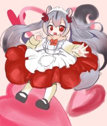 Rule 34 | 1girl, animal ears, apron, black footwear, blush, bow, bowtie, commentary request, dress, grey hair, grey tail, hair bow, heart, kemono friends, maid apron, maid headdress, mary janes, open mouth, red bow, red bowtie, red eyes, shoes, smile, solo, squirrel ears, squirrel girl, squirrel glider (kemono friends), squirrel tail, tail, tongue, toraya (kakebutonn), white apron, white legwear