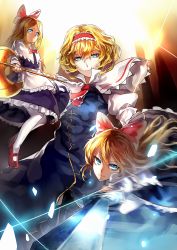 Rule 34 | 3girls, action, alice margatroid, apron, axe, backlighting, battle, black legwear, blonde hair, blue dress, blue eyes, blurry, bow, capelet, depth of field, dress, expressionless, foreshortening, hair bow, hairband, highres, light, light particles, light trail, long hair, looking at viewer, mary janes, multiple girls, pantyhose, pov, red footwear, serious, shanghai doll, shoes, short hair, sparkling eyes, sword, touhou, u u zan, weapon, white legwear