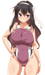 Rule 34 | 1girl, bare shoulders, black hair, blush, breasts, character name, closed mouth, clothes writing, collarbone, competition swimsuit, cowboy shot, gluteal fold, green eyes, groin, hairband, hand on own hip, highres, kantai collection, large breasts, long hair, looking at viewer, multicolored hair, naganami (kancolle), naganami kai ni (kancolle), one-piece swimsuit, pink hair, purple one-piece swimsuit, simple background, smile, solo, standing, swimsuit, two-tone hair, very long hair, white background, yoshi tama