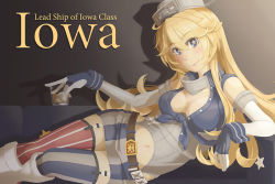 Rule 34 | 10s, 1girl, blonde hair, blue eyes, breasts, character name, cleavage, garter straps, hair between eyes, iowa (kancolle), kantai collection, large breasts, long hair, lying, miniskirt, naraka, on side, skirt, smile, solo, star-shaped pupils, star (symbol), symbol-shaped pupils, thighhighs, zettai ryouiki