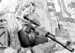 Rule 34 | 1girl, bike shorts, binoculars, boots, cameltoe, crosshatching, dragunov svd, ear protection, muzzle device, greyscale, gun, hatching (texture), headphones, iris (material sniper), material sniper, monochrome, perspective, rifle, scope, sketch, sleeves rolled up, sniper rifle, solo, thumbhole stock, trigger discipline, weapon, yoshinome