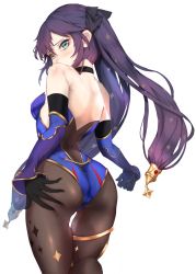Rule 34 | 1girl, ass, ass grab, bare shoulders, blush, breasts, deep skin, detached sleeves, elbow gloves, embarrassed, from behind, genshin impact, gloves, green eyes, hair ornament, hair ribbon, highres, leotard, long hair, looking at viewer, mona (genshin impact), pantyhose, purple hair, ribbon, shiny clothes, shiny skin, sideboob, solo, sonaworld, thighlet, twintails, very long hair