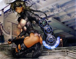Rule 34 | 1girl, absurdres, ass, bandana, boots, breasts, brown eyes, brown hair, cyberpunk, highres, intron depot, large breasts, looking at viewer, looking back, multicolored eyes, shirou masamune