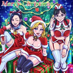 Rule 34 | 3girls, alternate costume, autobot, black hair, blonde hair, blue eyes, blush, boots, box, breasts, brown eyes, capelet, christmas, christmas lights, christmas ornaments, christmas tree, cleavage, decepticon, dress, english text, full body, fur trim, gift, gift box, gloves, happy, hat, highres, hitotonari atari, insignia, kiss players, large breasts, li shaoshao, lips, lock, long hair, looking at viewer, marissa faireborn, merry christmas, multiple girls, one eye closed, open mouth, personification, red dress, red gloves, ribbon, santa boots, santa costume, santa gloves, santa hat, sitting, skirt, smile, snow, star (symbol), starry background, striped legwear, tack (dnet), teeth, thighhighs, transformers, twitter username