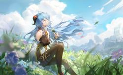 Rule 34 | 1girl, ahoge, alt text, bare shoulders, bell, black legwear, blue hair, blue sky, bow, breasts, cloud, curled horns, detached sleeves, field, flower, flower field, ganyu (genshin impact), genshin impact, gold trim, grass, highres, holding, holding flower, horns, knee up, landscape, leaf, liquify666, long hair, looking to the side, low ponytail, medium breasts, neck bell, no gloves, outdoors, parted lips, petals, purple eyes, qingxin flower, sidelocks, sitting, sky, smile, solo, thighlet, very long hair, white flower, white sleeves