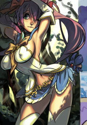 Rule 34 | 1girl, alex ahad, aqua eyes, beetle, blue sailor collar, blue skirt, bow, breasts, brooch, bug, cave (developer), detached sleeves, elbow gloves, gloves, insect, large breasts, mushihime-sama, mushihime-sama futari, navel, one eye closed, pink hair, reco, sailor collar, sideboob, skirt, solo, thighhighs, wing brooch, wink, yellow bow