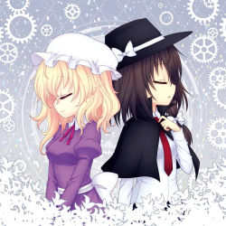 Rule 34 | 2girls, album cover, back bow, blonde hair, bow, brown hair, capelet, closed eyes, collared shirt, cover, from side, gears, hair bow, hand on own chest, hat, hat bow, hat ribbon, juliet sleeves, long hair, long sleeves, maribel hearn, miruki, mob cap, multiple girls, neck ribbon, necktie, ponytail, profile, puffy sleeves, ribbon, shirt, sparkle, touhou, usami renko
