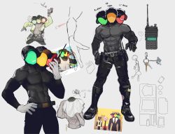 Rule 34 | 1boy, absurdres, arrow (ghost k1n), badge, belt, black footwear, black jacket, black pants, boots, character sheet, combat boots, concept art, elbow gloves, formal, ghost k1n, gloves, graduation, green mask, highres, jacket, key, charm (object), male focus, manly, multiple heads, one-eyed, open clothes, open jacket, open mouth, original, pants, pectorals, photo (object), police, police badge, police uniform, policeman, red mask, shirt, speed limit (ghost k1n), suit, tank top, topless male, traffic light, traffic light (ghost k1n), traffic officer, uniform, utility belt, wallet, white gloves, white shirt, yellow mask