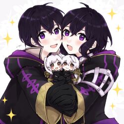Rule 34 | 2boys, 2girls, :d, absurdres, ahoge, black gloves, black hair, blush stickers, brown eyes, chibi, chibi inset, father and daughter, fire emblem, fire emblem awakening, fire emblem heroes, gloves, highres, hood, jacket, long sleeves, looking at viewer, misato hao, morgan (female) (fire emblem), morgan (fire emblem), morgan (male) (fire emblem), mother and son, multiple boys, multiple girls, nintendo, open mouth, purple eyes, robin (female) (fire emblem), robin (fire emblem), robin (male) (fire emblem), short hair, signature, smile, white hair