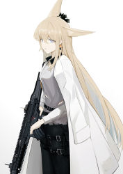 Rule 34 | 1girl, absurdres, amamizu shizuku, animal ear fluff, animal ears, belt, belt buckle, black pants, blonde hair, blue eyes, buckle, coat, coat on shoulders, commentary, cowboy shot, earrings, extra ears, fox ears, from side, grey shirt, gun, highres, holding, holding gun, holding weapon, jewelry, lab coat, long hair, long sleeves, looking at viewer, looking to the side, original, pants, parted lips, shirt, solo, thigh strap, torn clothes, torn shirt, very long hair, weapon, weapon request