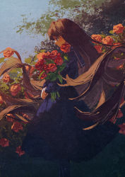 Rule 34 | 1girl, absurdly long hair, black dress, black pantyhose, blue eyes, brown hair, bush, closed mouth, dress, flower, highres, holding, holding flower, long hair, long sleeves, looking to the side, original, pantyhose, potg (piotegu), red flower, red rose, rose, solo, tree, very long hair