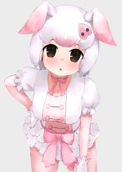 Rule 34 | 1girl, absurdres, animal ears, black eyes, blush, commentary, cowboy shot, deku suke, dress, extra ears, frilled dress, frills, gloves, gradient hair, hair ornament, hand on own hip, highres, kemono friends, leaning forward, looking at viewer, multicolored hair, neck ribbon, open mouth, pig (kemono friends), pig ears, pink hair, pink ribbon, pink thighhighs, puffy short sleeves, puffy sleeves, ribbon, short hair, short sleeves, simple background, solo, thighhighs, white background, white dress, white gloves, white hair