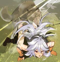 Rule 34 | 2boys, absurdres, ahoge, all fours, animal, ass, bestiality, boots, d kake2, doggystyle, genshin impact, gloves, grey hair, highres, huge filesize, long hair, male focus, multiple boys, open mouth, orange gloves, razor (genshin impact), red eyes, sex, sex from behind, tearing up, tongue, twitter username, wolf, yaoi