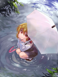 Rule 34 | 1girl, araki (qbthgry), black footwear, black skirt, black vest, blonde hair, commentary request, dated, elbows on knees, from above, hair between eyes, hair ribbon, head in hand, head rest, in water, long sleeves, looking at viewer, looking up, red eyes, ribbon, ripples, rumia, shirt, short hair, signature, skirt, sleeve cuffs, smile, solo, squatting, touhou, transparent, transparent umbrella, branch, umbrella, vest, white legwear, white shirt