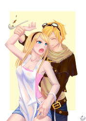 Rule 34 | 1boy, 1girl, :o, apron, belt, blonde hair, blue eyes, blush, breasts, cleavage, denim, denim shorts, closed eyes, ezreal, goggles, goggles on head, hairband, holding another&#039;s wrist, ladle, league of legends, long hair, lux (league of legends), maomi wo, multiple belts, pink shirt, shirt, shorts, smile, white background