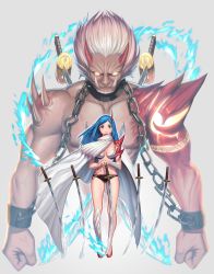 Rule 34 | 1boy, 1girl, absurdres, bad id, bad pixiv id, bare shoulders, beard, black panties, blue eyes, blue fire, blue hair, braid, breasts, chain, clenched hands, cloak, closed mouth, collar, collarbone, commentary request, cuffs, cuffs-to-collar, dark-skinned male, dark skin, facial hair, fire, flaming sword, flaming weapon, floating, floating object, floating sword, floating weapon, french braid, full body, glowing, glowing eyes, gradient background, grey background, grey hair, hand on hilt, high collar, highres, horns, katana, long hair, looking at viewer, medium breasts, moonandmist, multiple swords, muscular, oni, oni horns, original, panties, parted bangs, red footwear, revealing clothes, serious, shackles, shoes, shoulder spikes, single horn, spiked hair, spikes, spirit, standing, sword, tattoo, tusks, underwear, upper body, veins, weapon, white cloak, wind, yellow eyes