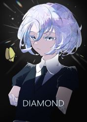 Rule 34 | 1other, absurdres, androgynous, black background, black necktie, bob cut, bug, butterfly, character name, collared shirt, crystal hair, diamond (houseki no kuni), gem uniform (houseki no kuni), highres, houseki no kuni, insect, kahiyan, looking at viewer, multicolored eyes, multicolored hair, necktie, other focus, rainbow eyes, rainbow hair, shirt, short hair, short sleeves, solo, upper body, white shirt