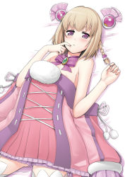 Rule 34 | 1girl, ar tonelico, ar tonelico iii, areola slip, blonde hair, blush, bow, bowtie, braid, breasts, clothes in front, covering privates, female focus, gust, hair ornament, highres, kamoto tatsuya, lying, on back, purple eyes, saki (ar tonelico), solo, thighhighs, twin braids, white background, white thighhighs