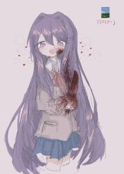 Rule 34 | 1girl, blood, blood on clothes, blood on face, blood on hands, bloody knife, blue skirt, blush, cropped legs, doki doki literature club, hair between eyes, hair ornament, hairclip, heart, heart-shaped pupils, highres, holding, holding knife, jacket, knife, long hair, long sleeves, looking at viewer, open mouth, pink eyes, pleated skirt, purple hair, reitoubeef, school uniform, simple background, sketch, skirt, solo, sweat, symbol-shaped pupils, very long hair, yuri (doki doki literature club)