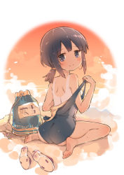 Rule 34 | ass, bag, barefoot, black hair, blue eyes, blush, breasts, closed mouth, evening, feet, fubuki (kancolle), full body, kantai collection, looking at viewer, medium hair, one-piece swimsuit, ponytail, school swimsuit, sitting, small breasts, smile, sodapop (iemaki), solo, swimsuit, tan, tanline, twilight, wariza