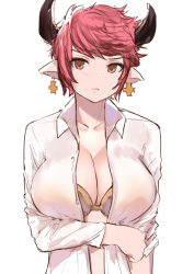 Rule 34 | 10s, 1girl, blouse, blush, bra, breasts, brown eyes, cleavage, granblue fantasy, highres, horns, large breasts, looking at viewer, no bra, norman maggot, open clothes, open shirt, parted lips, pink hair, pointy ears, print bra, shirt, short hair, simple background, solo, sturm (granblue fantasy), underwear, upper body, white background, white shirt