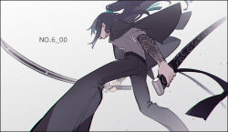 Rule 34 | 1boy, black jacket, black pants, blue ribbon, commentary, facing away, fighting stance, grey shirt, hair ribbon, half updo, highres, holding, holding sheath, holding sword, holding weapon, hong lu (project moon), jacket, jacket on shoulders, katana, limbus company, long hair, male focus, pants, project moon, ribbon, sheath, shiki (shikki46), shirt, sidelocks, simple background, sleeves rolled up, solo, sword, unsheathed, very long hair, weapon, white background
