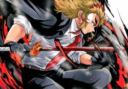 Rule 34 | 1boy, alternate costume, black gloves, black jacket, blonde hair, closed mouth, collared shirt, gloves, grey pants, holding, holding sword, holding weapon, jacket, jacket on shoulders, kimetsu no yaiba, male focus, multicolored hair, necktie, pants, profile, red eyes, red hair, red necktie, rengoku kyoujurou, sayu090200, shirt, smile, solo, spiked hair, sword, two-tone hair, weapon, white shirt, wing collar
