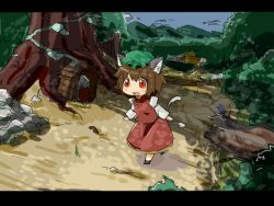 Rule 34 | 1girl, animal ears, brown hair, cat ears, cat girl, cat tail, chen, female focus, hat, letterboxed, mori shin risuku, multiple tails, nature, outdoors, plant, red eyes, short hair, skirt, solo, tail, touhou
