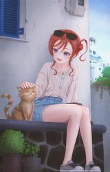 Rule 34 | 1girl, absurdres, bad id, bad pixiv id, birthday, blue eyes, cat, cloud, cloudy sky, collarbone, commentary, earrings, english commentary, hair bun, headpat, highres, jewelry, love live!, love live! superstar!!, memarin, necklace, plant, potted plant, red hair, short shorts, shorts, single side bun, sitting, sky, smile, yoneme mei