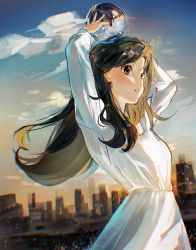 Rule 34 | 1girl, arms up, ball, black hair, blurry, blurry background, blush, breasts, brown eyes, chromatic aberration, city, cloud, commentary, crystal ball, day, dress, floating hair, highres, long hair, long sleeves, looking away, original, outdoors, parted lips, rokku, skyline, small breasts, solo, upper body, white dress