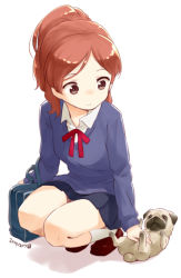 Rule 34 | 1girl, 2014, brown eyes, brown hair, dated, full body, hand on another&#039;s stomach, lying, nagian, on back, original, pug, school uniform, skirt, smile, solo, squatting, sweater