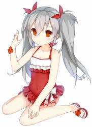 Rule 34 | 1girl, bare arms, bare legs, bare shoulders, blank eyes, blush, breasts, casual one-piece swimsuit, cleavage, closed mouth, closers, collarbone, commentary, covered navel, frilled swimsuit, frills, grey hair, hair between eyes, hair ribbon, halterneck, long hair, nail polish, one-piece swimsuit, orange eyes, pink nails, red footwear, red ribbon, red one-piece swimsuit, ribbon, sandals, shoes, simple background, sitting, small breasts, solo, swimsuit, tengxiang lingnai, tina (closers), toenail polish, toenails, twintails, wariza, white background, wrist flower