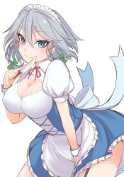 Rule 34 | 1girl, absurdres, blue eyes, bow, braid, breasts, cleavage, closed mouth, covered erect nipples, cowboy shot, green bow, grey hair, hair bow, harunoha, highres, holding, holding knife, izayoi sakuya, knife, large breasts, maid, maid headdress, puffy short sleeves, puffy sleeves, short hair, short sleeves, side braids, simple background, smile, solo, standing, touhou, twin braids, white background