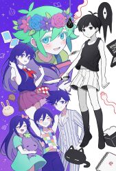 Rule 34 | 2girls, 4boys, ^ ^, animal, antenna hair, aqua dress, aqua eyes, arms at sides, arms behind head, aubrey (headspace) (omori), aubrey (omori), bare arms, bare shoulders, basil (headspace) (omori), basil (omori), basket, black cat, black eyes, black hair, black socks, black tank top, blue flower, blue pajamas, blue pants, blue rose, blue skirt, blush, book, bow, bright pupils, brother and sister, brothers, brown skirt, buttons, cat, checkered clothes, checkered shirt, closed eyes, closed mouth, collarbone, colored eyelashes, colored inner hair, colored skin, commentary, computer, dress, english commentary, expressionless, fingernails, flipped hair, floating clothes, flower, flower wreath, forest bunny (omori), full body, gradient sky, green hair, green shirt, grey hair, grey pajamas, grey pants, grey shirt, grin, hair behind ear, hair between eyes, hair bow, hand on own hip, hands up, head wreath, hero (headspace) (omori), hero (omori), highres, holding, holding basket, holding book, holding knife, holding stuffed toy, kel (headspace) (omori), kel (omori), kitchen knife, kneehighs, knife, laptop, leaf, light bulb, long sleeves, looking at viewer, lower teeth only, m1stm1, mari (headspace) (omori), mari (omori), mewo, midriff peek, mr. plantegg (omori), multicolored hair, multiple boys, multiple girls, neckerchief, no pupils, no shoes, omori, omori (omori), open mouth, pajamas, pants, photo (object), picnic basket, picnic blanket, pink bow, pink flower, pink rose, pleated skirt, purple eyes, purple flower, purple hair, purple outline, purple shorts, purple sky, purple sweater vest, red neckerchief, rose, shirt, short sleeves, shorts, siblings, sidelocks, skirt, sky, smile, socks, something (omori), sprout mole, standing, striped clothes, striped pants, striped shirt, striped shorts, stuffed eggplant, stuffed toy, sweater vest, tank top, teeth, tissue box, tongue, two-tone hair, two-tone pajamas, two-tone pants, two-tone shirt, upper body, upper teeth only, v-shaped eyebrows, vertical-striped clothes, vertical-striped pajamas, vertical-striped pants, vertical-striped shirt, vertical-striped shorts, white background, white pupils, white shirt, white shorts, white skin, wind, wing collar