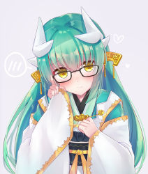 Rule 34 | 1girl, adjusting eyewear, aqua hair, bad id, bad pixiv id, bespectacled, black-framed eyewear, blush, closed mouth, commentary request, d:, dragon horns, fate/grand order, fate (series), glasses, grey background, hair ornament, hand on own chest, hand up, head tilt, heart, horns, japanese clothes, kimono, kiyohime (fate), long hair, long sleeves, looking at viewer, nanahachi, obi, open mouth, ribbon, sash, simple background, smile, solo, spoken blush, upper body, very long hair, white kimono, wide sleeves, yellow eyes, yellow ribbon