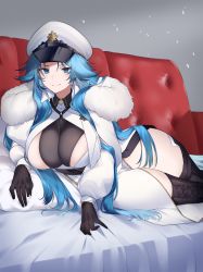 Rule 34 | 1girl, absurdres, azur lane, between breasts, black footwear, black gloves, blue eyes, blue hair, boots, breasts, closed mouth, coat, coat dress, collared dress, commentary request, couch, cowboy shot, dress, fur-trimmed coat, fur trim, gloves, hair between eyes, hat, highres, large breasts, long hair, long sleeves, looking at viewer, lying, neckwear between breasts, on side, parted bangs, peaked cap, pillow, sidelocks, skindentation, smile, solo, sovetskaya belorussiya (azur lane), strap between breasts, thigh boots, thighhighs, underboob, very long hair, white coat, white dress, white hat, yononaka