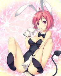 Rule 34 | 1girl, ahoge, animal ears, bare legs, bob cut, covering privates, covering crotch, daibouken! yukeyuke osawari island, demon tail, detached collar, dmm, fake animal ears, finger to mouth, game cg, gloves, high heels, leotard, pink eyes, pink hair, playboy bunny, rabbit ears, rabbit tail, short hair, solo, spread legs, tail