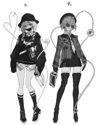 Rule 34 | 2girls, alternate costume, alternate hairstyle, bag, beret, boots, braid, casual, cellphone, character name, character pin, closed mouth, collared shirt, commentary, contemporary, covered mouth, cross-laced footwear, earrings, expressionless, full body, glasses, gloves, greyscale, hair ornament, hairclip, handbag, hat, hat ornament, heart, heart-shaped bag, heart-shaped pupils, heart hat ornament, heart of string, highres, holding, holding bag, holding phone, hood, hood down, hoodie, jacket, jewelry, komeiji koishi, komeiji satori, kumatangent, long hair, long sleeves, looking at viewer, mask, miniskirt, monochrome, mouth mask, multiple girls, open clothes, open jacket, phone, plaid, plaid shirt, plaid skirt, satchel, shirt, shoes, short hair, siblings, single glove, sisters, skirt, sleeves past fingers, sleeves past wrists, smartphone, sneakers, socks, symbol-shaped pupils, thigh boots, third eye, tinted eyewear, touhou, translated, twin braids